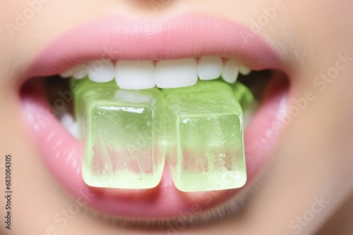 Tranquil CBD bliss: woman's lips with a gelatin candy, a close encounter with cannabinoid-infused pleasure photo