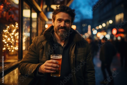 Beer enthusiast's moment: A man savors his beer on a city street, capturing a moment of relaxation