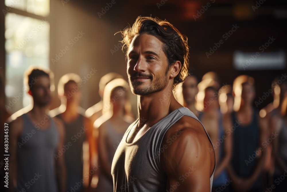 Yoga Wellness Connection: Connecting with wellness, a male yoga teacher creates a serene atmosphere for students Yoga Wellness Connection: Connecting with wellness, a male yoga teacher creates a serene atmosphere for students