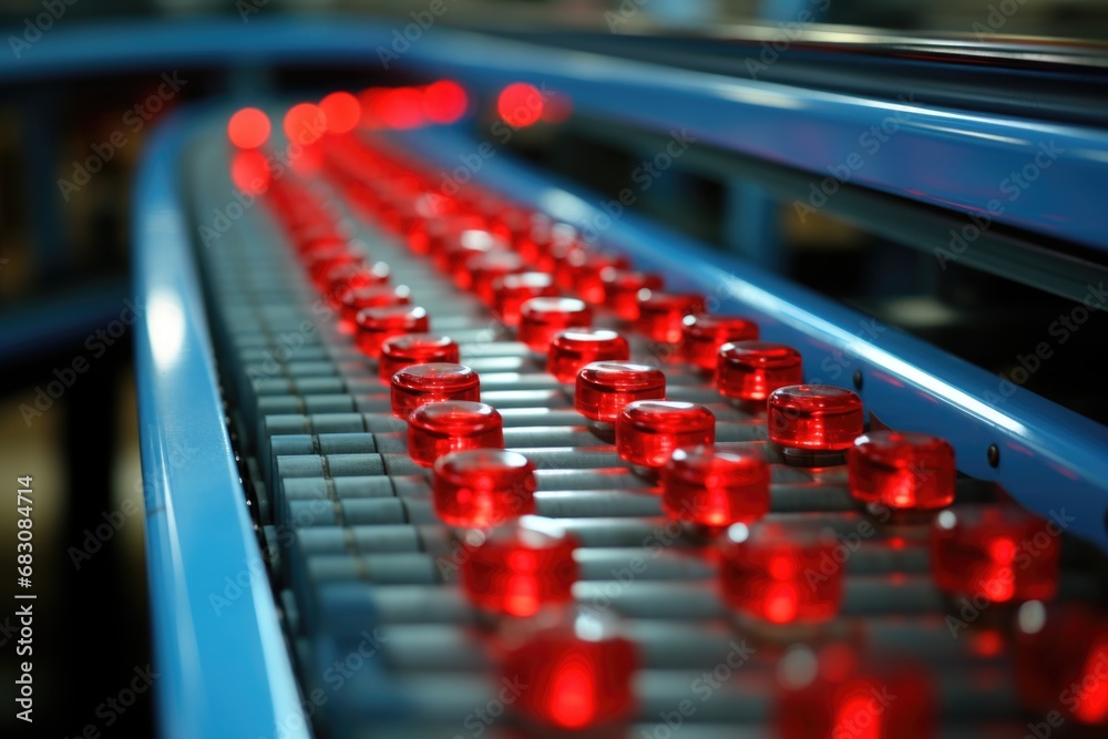 Obraz premium Pharmaceutical Production Line: An impactful photo captures an industrial conveyor belt, showcasing the preparation of vaccines in a state-of-the-art facility