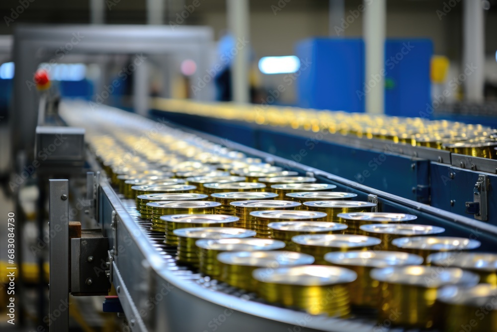 Fototapeta premium A photo showcases the efficiency of a canning factory, emphasizing the role of an industrial conveyor in streamlining the preparation of canned food products