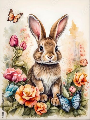 alcohol ink on textured paper, soft textures, gentle ink lines, washed ink, nuanced colors, vignette, cute animal surrounded by beautiful flowers, whimsical style