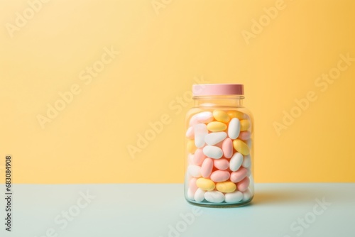 photography minimalism macro of chewable vitamins in a glass jar on a health background --chaos 20 --ar 3:2 --v 5.2 Job ID: 6000e712-0c38-4593-9cc1-ea6e0f7bd978 photo