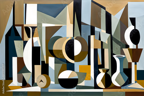 cubist style abstract painting of a still life with objects in geometric shapes and subdued colors photo