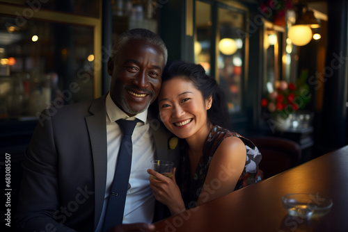 Couple mixte avec un homme et une femme la quarantaine, rendez-vous amoureux dans un café à Paris
