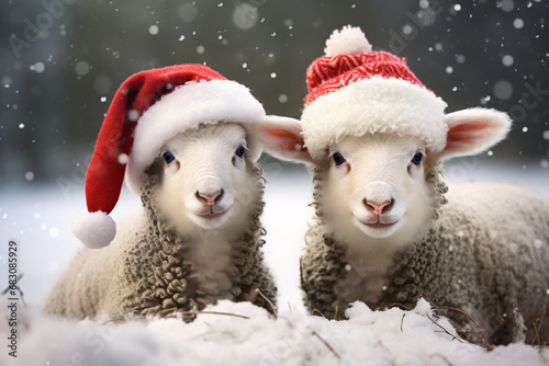 Sheeps with christmas hats