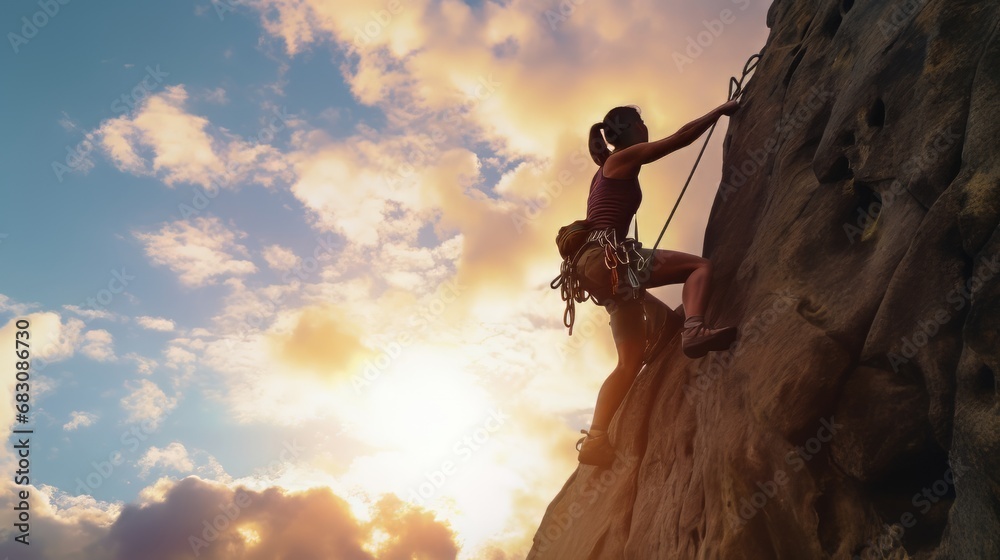 Witness a beautiful woman engaging in the physical challenge of mountain climbing. Witness a beautiful woman engaging in the physical challenge of mountain climbing.