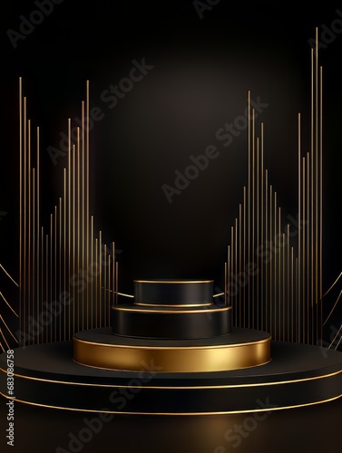 A set of podiums in black and gold, designed realistically with cylindrical shapes, showcasing a circle window with a curtain.