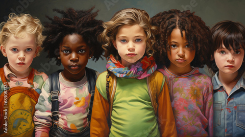 Children of different races dressed in colorful clothes, diversity social inclusion DEIB tolerance photo