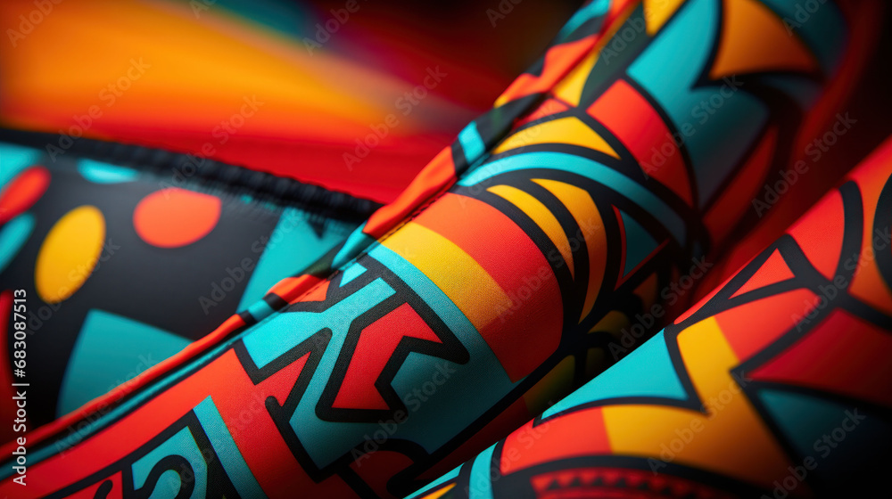 Detailed shot of a colorful sports jacket with an abstract graffiti pattern, embodying the energy of street art.