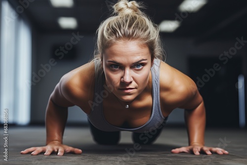 Blonde Girl with Hair in Elegant Bun in Plank Pose for Fitness and Wellness