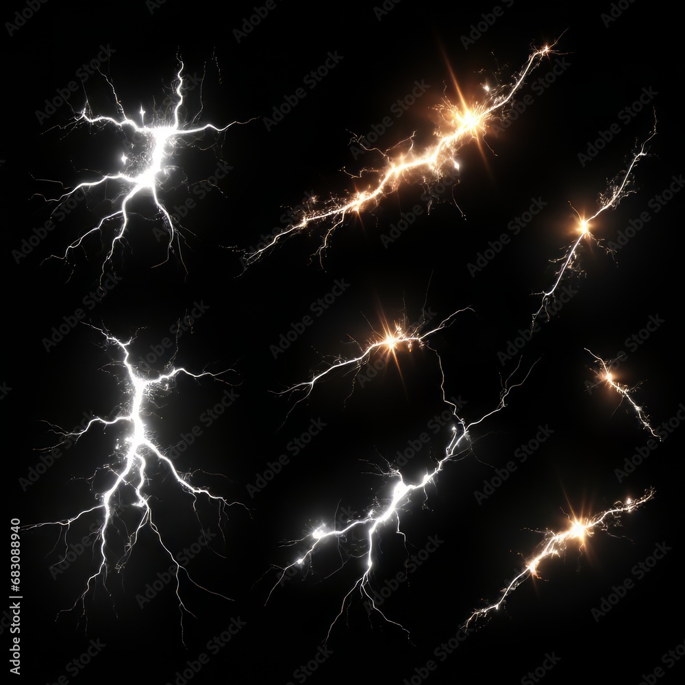 Collection of electric thunder bolts and light effects against a black background.