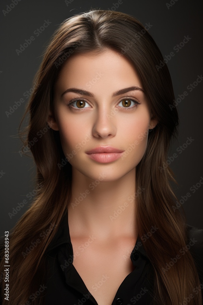 A beautiful young woman with long brown hair. Generative AI. A beautiful young woman with long brown hair. Generative AI.