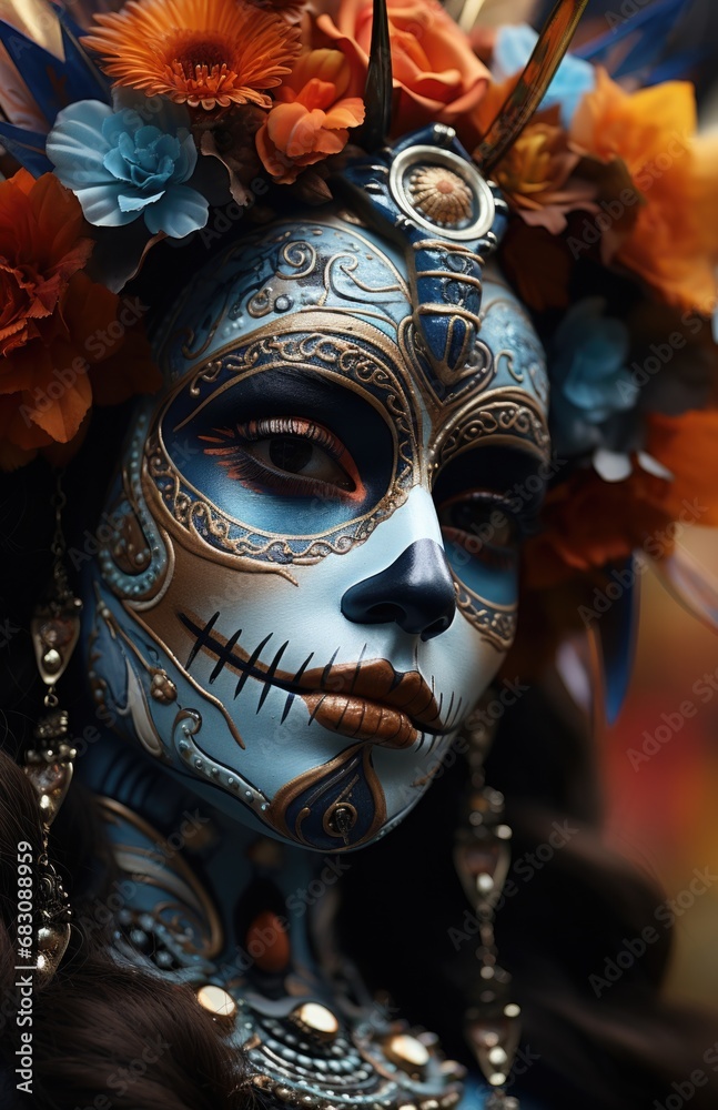 A woman with blue makeup and flowers in her hair. Generative AI. A woman with blue makeup and flowers in her hair. Generative AI.