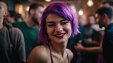 A young woman with purple hair smiling in a crowd. Generative AI.
