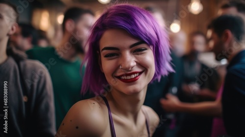 A young woman with purple hair smiling in a crowd. Generative AI.
