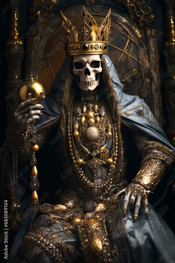 A tarot card illustration of a skeleton adorned with a crown, brandishing a lengthy metal sewing needle.
