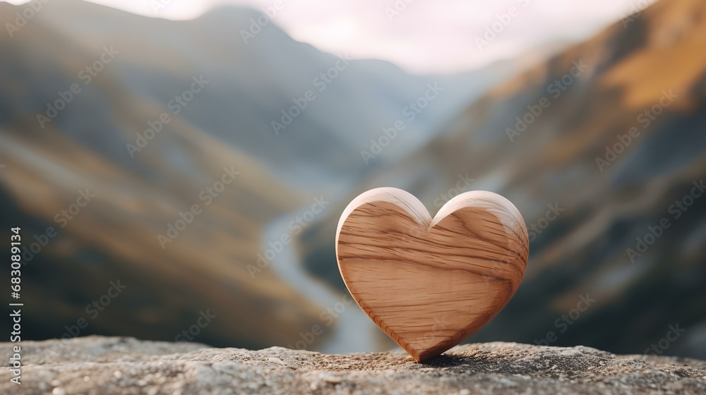 Fototapeta premium Close up of a light brown wooden Heart in the Mountains. Blurred natural Background