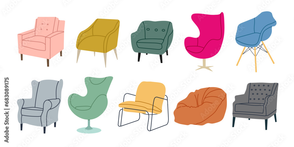 Set of home chairs in different colors and shapes. Trendy flat cartoon style. Upholstered furniture for comfort and decoration. - obrazy, fototapety, plakaty 