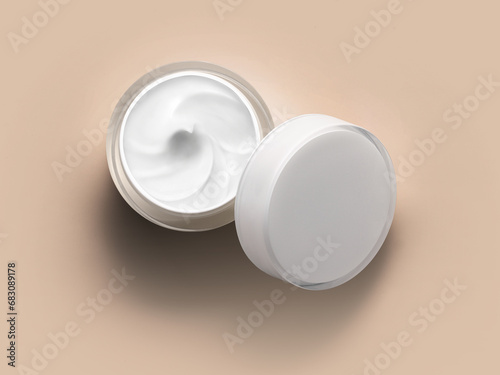 Skincare jar with cosmetic anti aging cream swirl texture and lid isolated on beige background. Hyaluronic acid moisturizer product photo