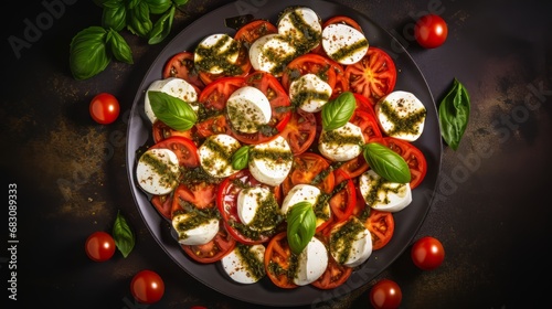 A top-view image of a traditional Italian Caprese salad with sliced tomatoes, mozzarella, basil, pesto sauce, and spices on a dark background.