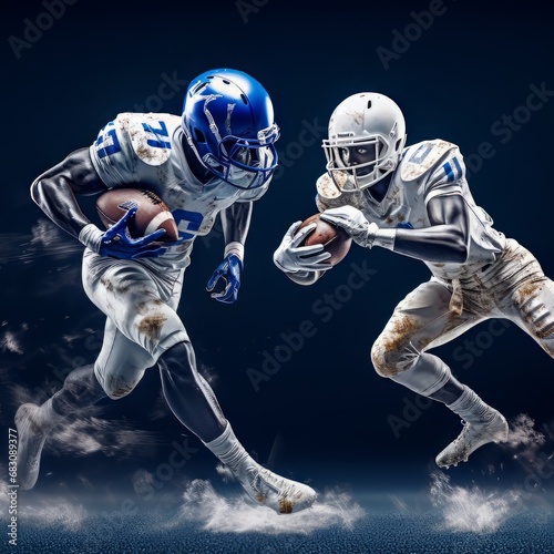 Two football players engage in a duel, one clad in blue gear, the other in pristine white.