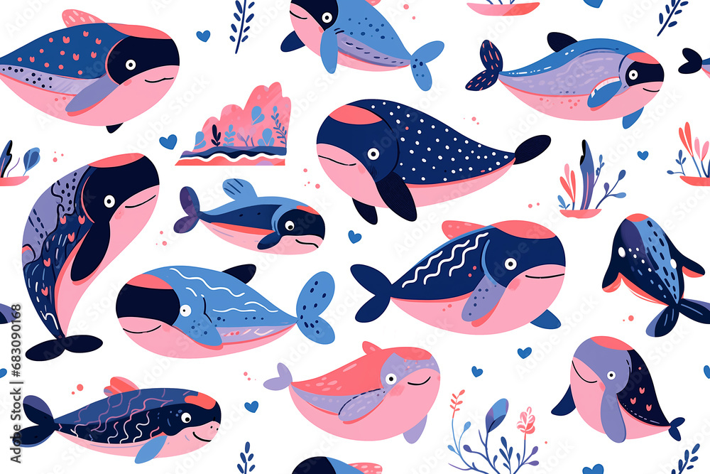 Seamless pattern with whales, seaweed and hearts. Smiling blue whales ...
