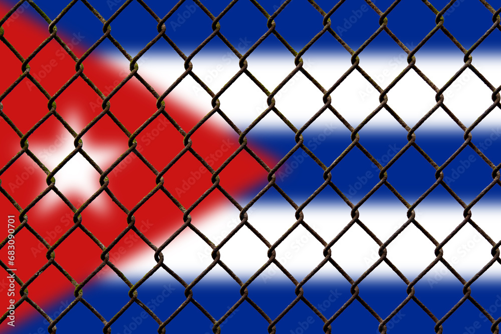 Fototapeta premium A steel mesh against the background of the flag Cuba.