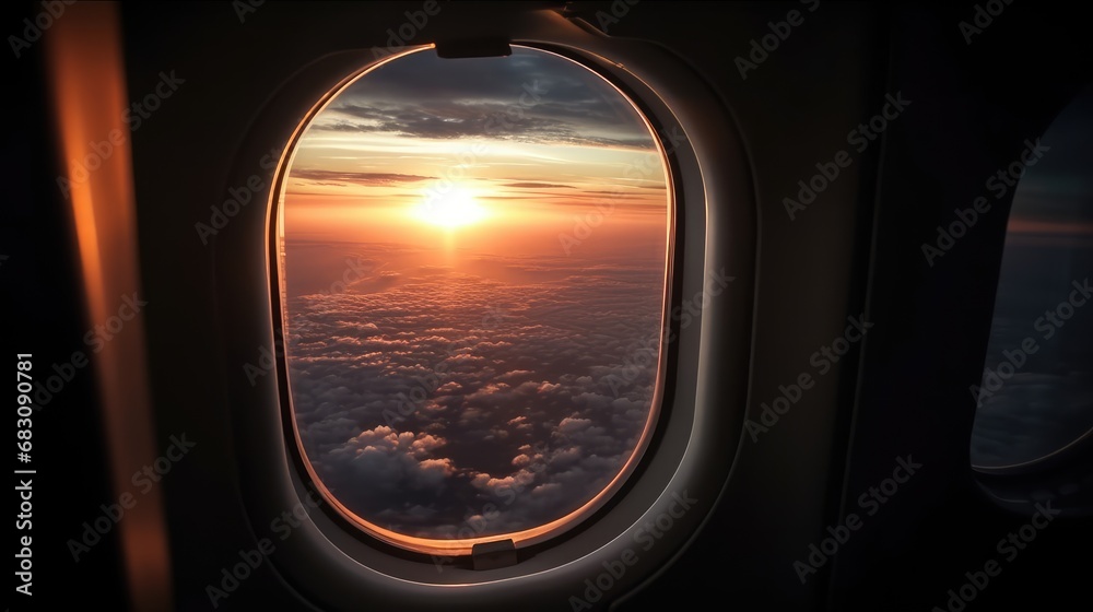 Sunset view from airplane window. View from the porthole Sunset view from airplane window. View from the porthole