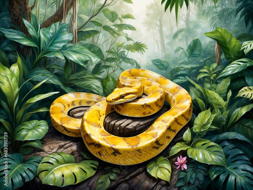 Yellow snake in the Atlantic forest, drawn in watercolor. photo