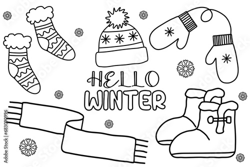 Set of suede boots with fur, scarf, mittens, socks and hat, vector outline for coloring book