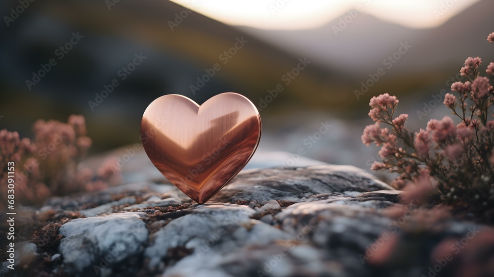 Fototapeta premium Close up of a rose gold wooden Heart in the Mountains. Blurred natural Background
