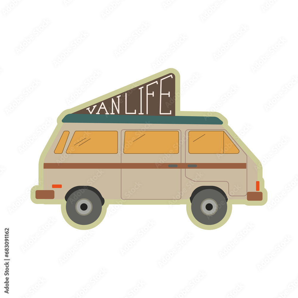 Adventure van. Car picture. Cartoon van isolated on white. Van sticker. Van vector illustration. Outdoor sticker. 
