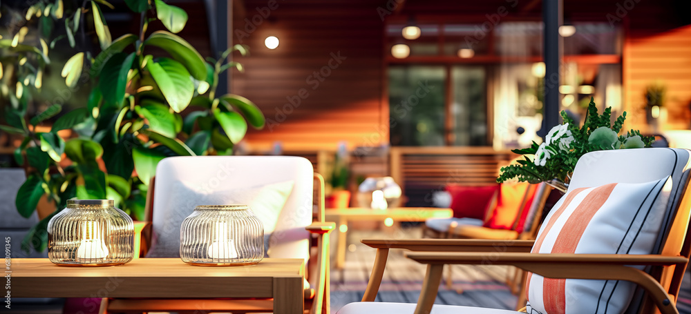 View over cozy outdoor terrace with outdoor string lights. Summer evening on the terrace of a beautiful house with lanterns - obrazy, fototapety, plakaty 