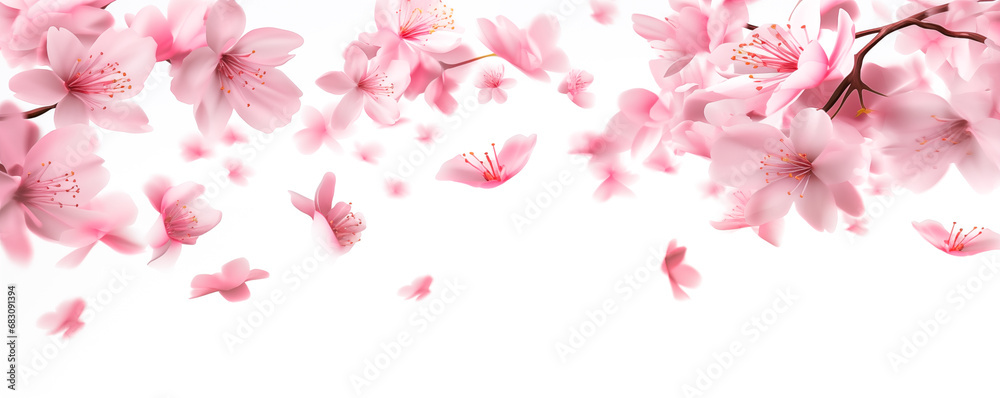 Spring border background with beautiful pink flowers. Pastel pink isolated on white background, bloom delicate flowers. Beautiful fresh cherry blossom 