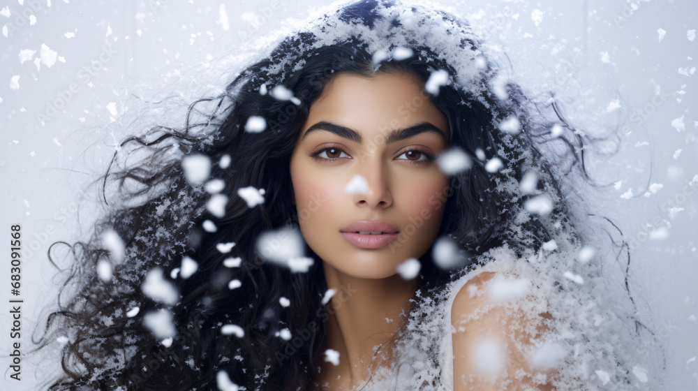 Frozen Elegance: Enchanting Winter Wonderland with Falling Snowflakes, Featuring an indian Model in Dreamlike Serenity