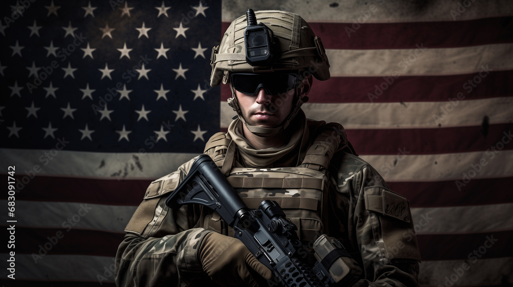 Army soldier in Combat Uniforms with assault rifle, plate carrier and combat helmet with an American flag on the background Army soldier in Combat Uniforms with assault rifle, plate carrier and combat helmet with an American flag on the background