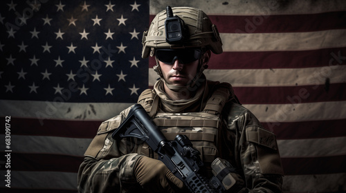 Army soldier in Combat Uniforms with assault rifle, plate carrier and combat helmet with an American flag on the background photo