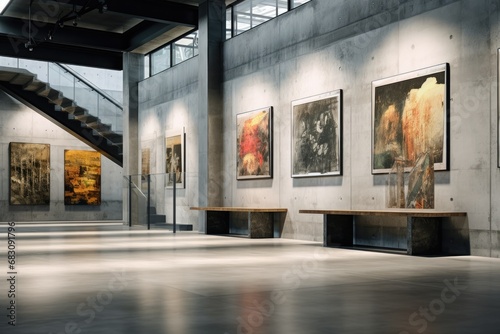 Urban Elegance: Industrial-Inspired Art Gallery with Concrete and Wood Design