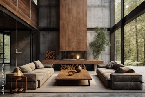 Harmony of Elements: Industrial Modern Home in Earth Tones with Concrete and Wood Fusion © ChaoticMind