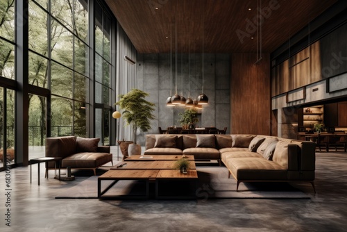 Harmony of Elements: Industrial Modern Home in Earth Tones with Concrete and Wood Fusion