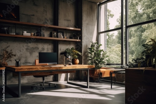 Urban Elegance  Cinematic Industrial Atmosphere in Modern Office with Concrete and Wood Accents