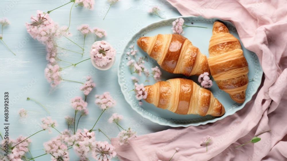 Three croissants on a blue plate with pink flowers Three croissants on a blue plate with pink flowers