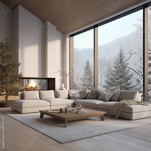 Interior design of modern living room. corner living room in modern living room. fireplace for a cocooning space. large windows for a better view.