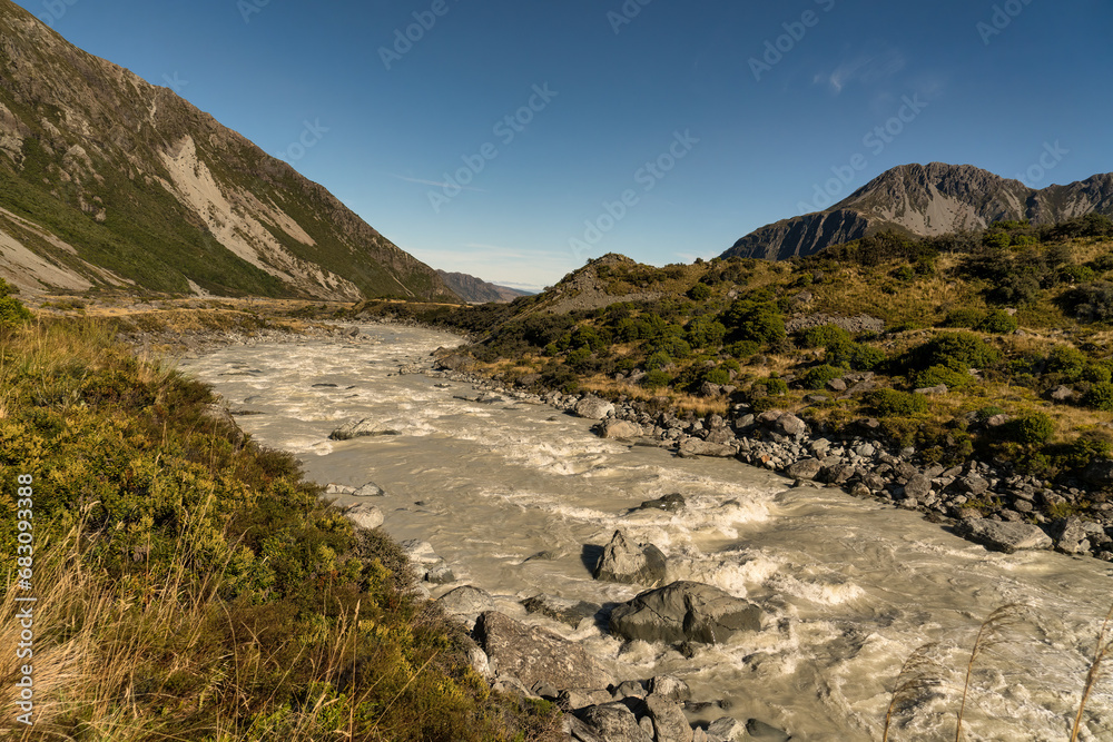 The Tasman river flowingb through the valley in the national Park The Tasman river flowingb through the valley in the national Park