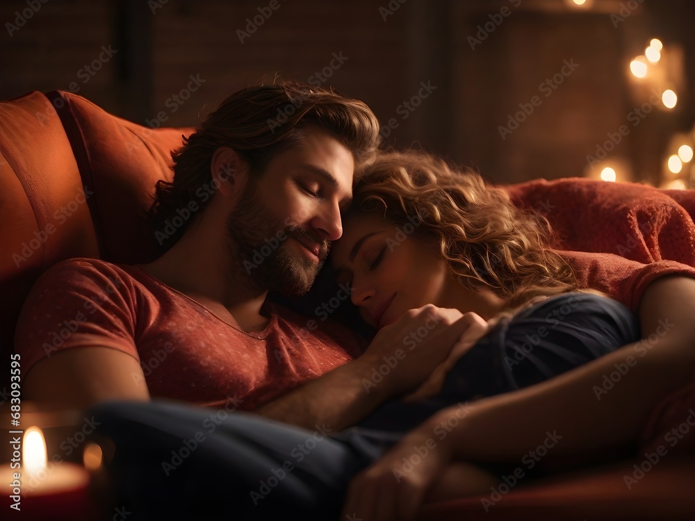 Medium shot of a couple sitting on a sofa at home. Low light atmosphere