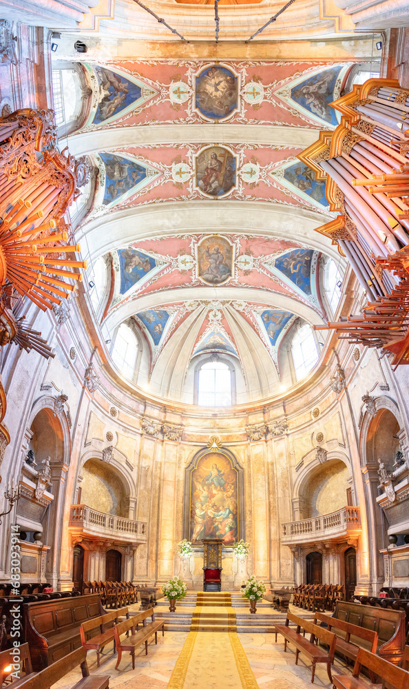 detail of the lateral altar and part of the dome, ceiling and musical organs inside the Lisbon Cathedral.