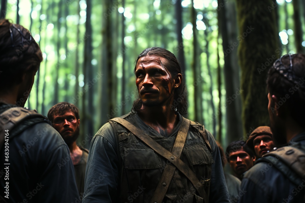 Obraz premium young soldier with blood on his face standing in front of squad in forest