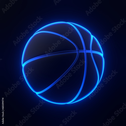 Basketball ball with bright glowing futuristic blue neon lights on black background. 3D icon, sign and symbol. Cartoon minimal style. 3D render illustration © Andrii