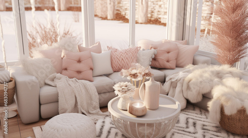 cozy Scandinavian living room with minimalistic decor, soft pastel colors and geometric patterns, featuring snowflakes and pinecones